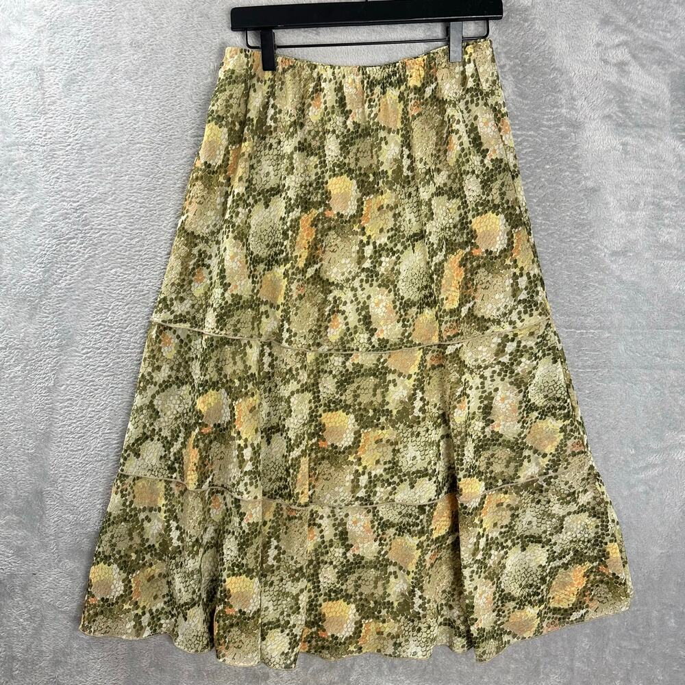 Samantha Grey Snake Print Python Tiered Ruffle Midi Skirt Size 10 Yellow Green